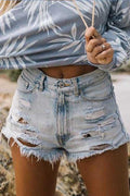 High Waist Ripped Raw Hem Denim Shorts