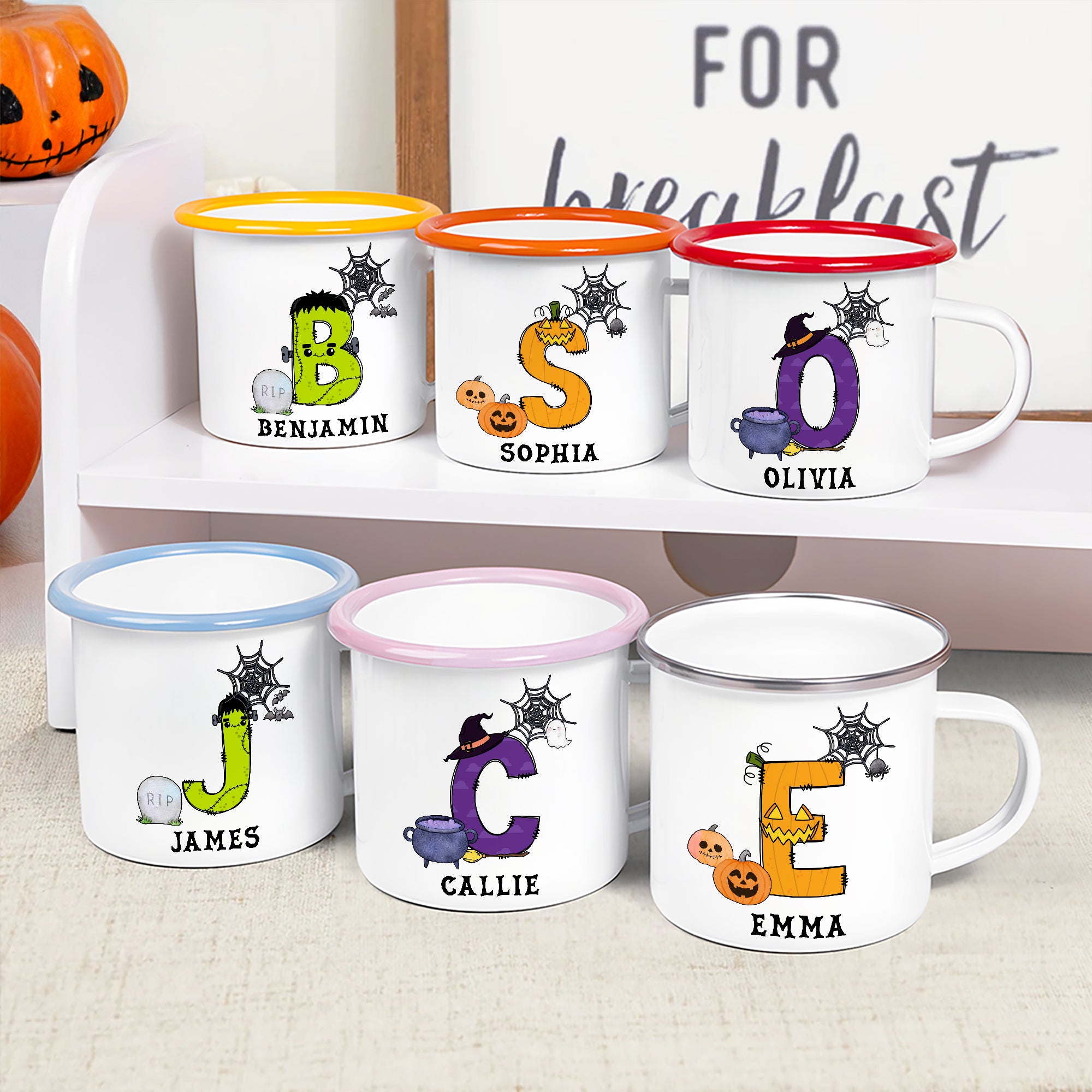 Personalizada Bruja Frank Calabaza Inicial 12 oz Colorido Borde Esmalte Taza con Nombre Fiesta Uso Diario Halloween Vacaciones Regalo para Niños Niñas