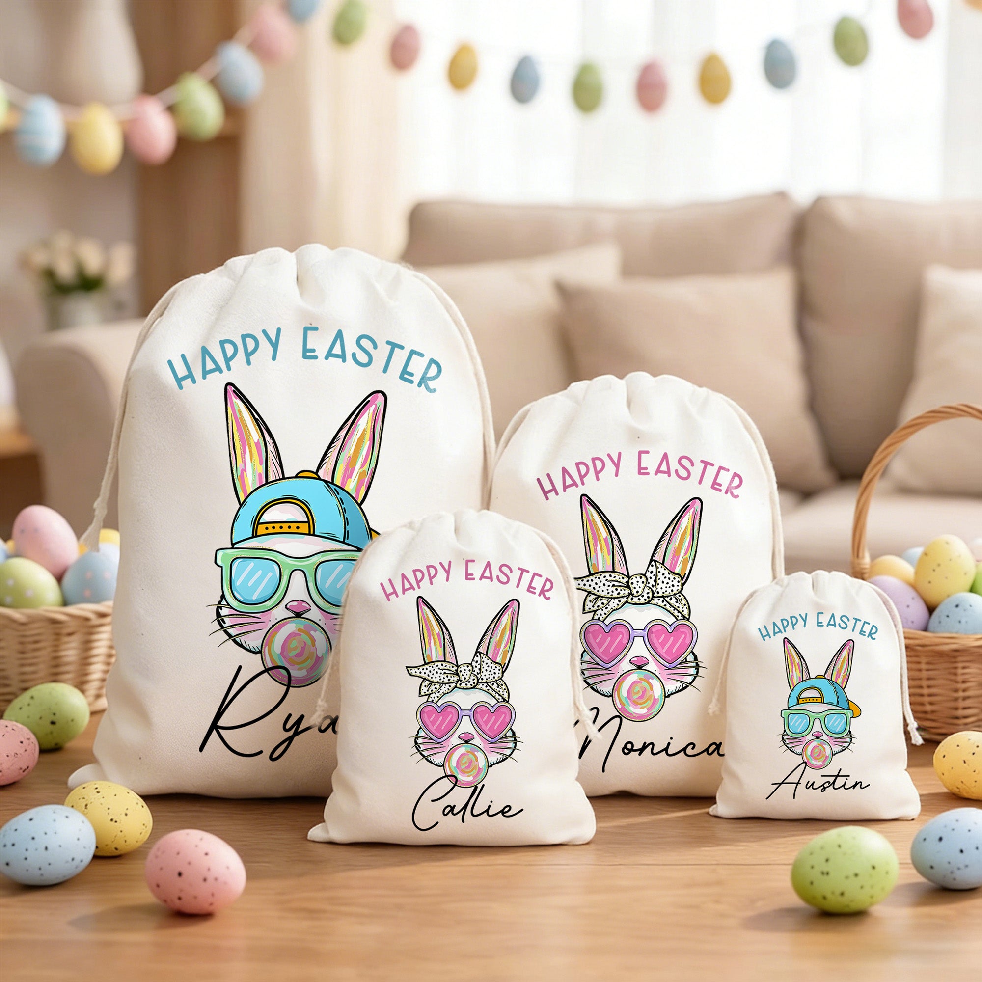 Personalizada Feliz Pascua Conejito de dibujos animados Bolsa de regalo de lona con cordón Nombre Pascua Caza Fiesta Regalo para Niños Niñas