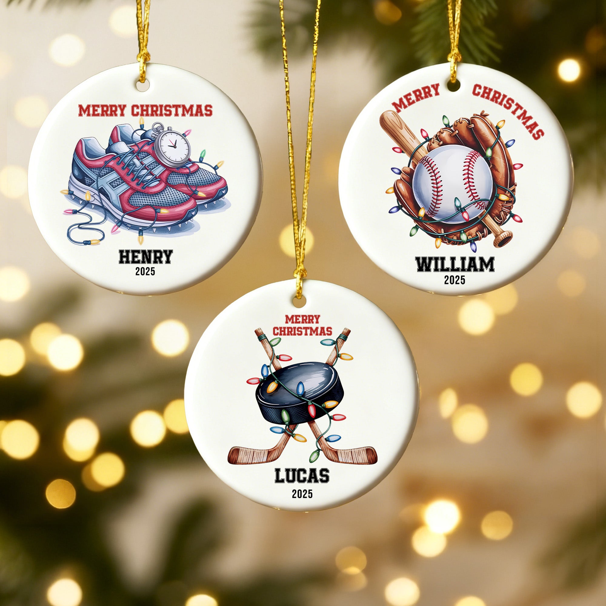 Personalizado Festivo Luz Béisbol Hockey Deportes Cerámica Adorno de Navidad con Nombre Decoración del Árbol del Hogar Regalo de Navidad para la Familia Amantes de los Deportes