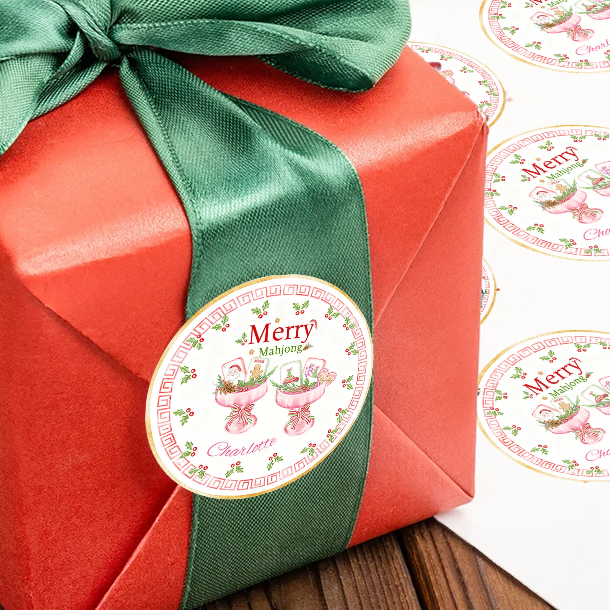 Personalizado Feliz Mahjong Cocktail Pegatinas impermeables con nombre Regalo Decoración Fiesta de Navidad Favor para los amantes de Mahjong Jugadores