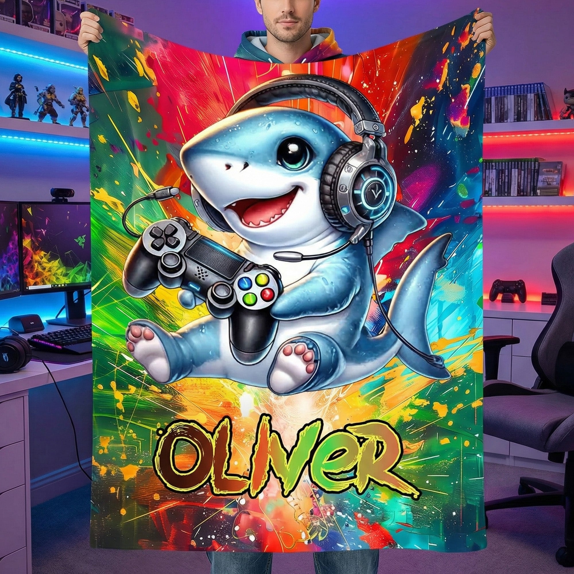 Graffiti Personalizado Animal Gamer Manta Suave con Nombre Decoración del Hogar Uso Diario Regalo de Cumpleaños para Amigos Gamers