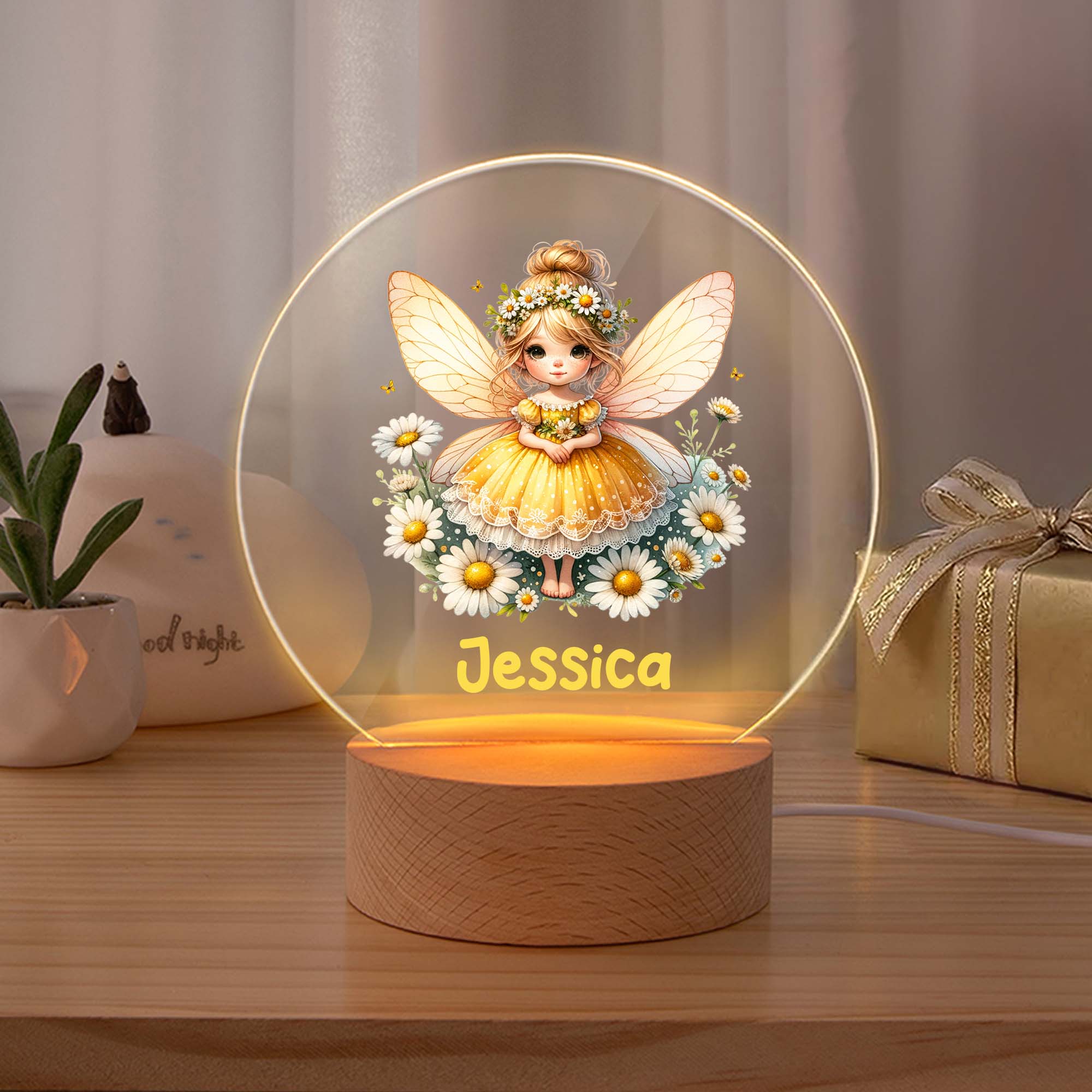 Nacimiento Personalizado Flor Hada LED Luz de Noche con Nombre y Base de Madera Decoración de Habitación Regalo de Cumpleaños para Niñas