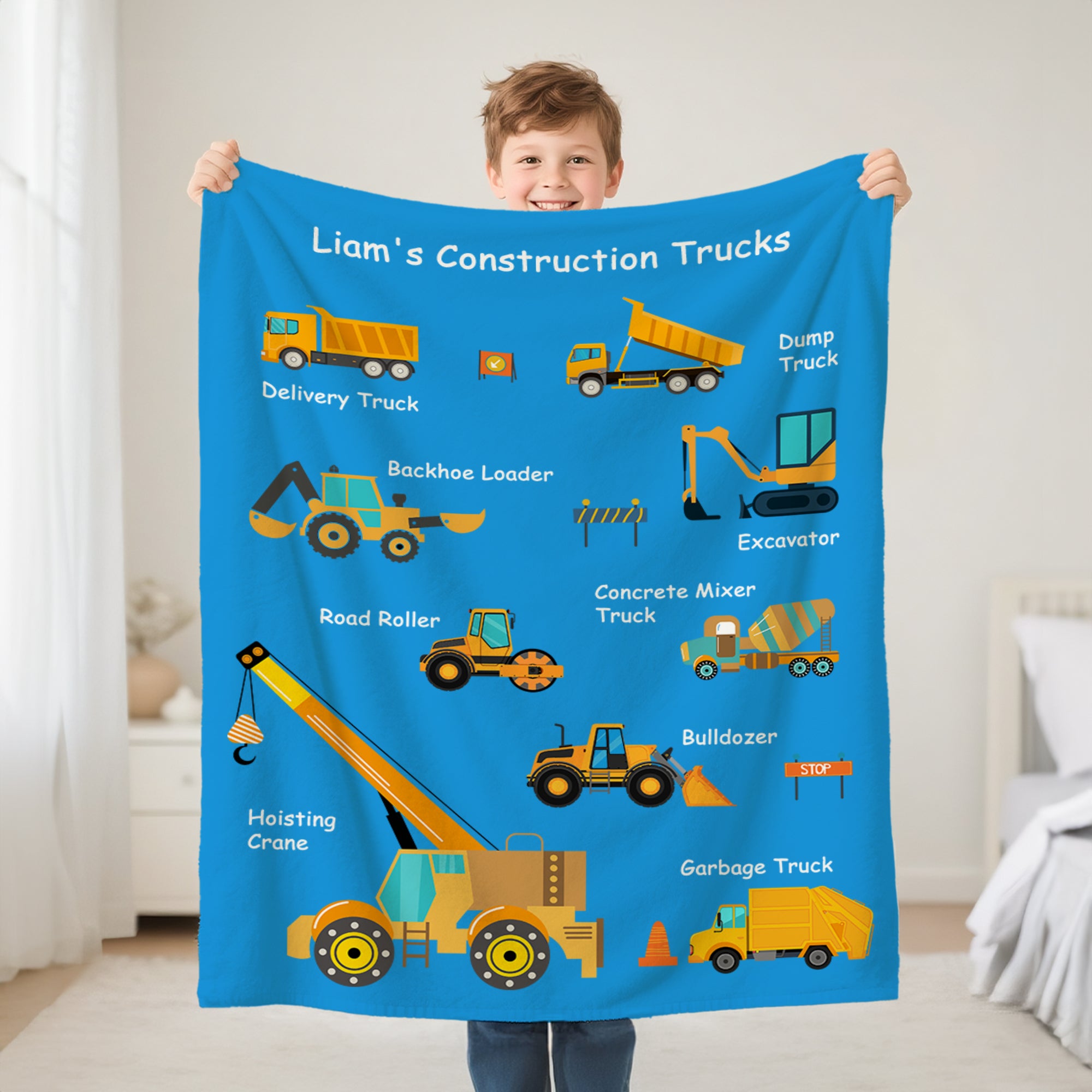 Manta blanda personalizada de camiones de construcción con texto Decoración del hogar Regalo de cumpleaños para niños amantes de los camiones