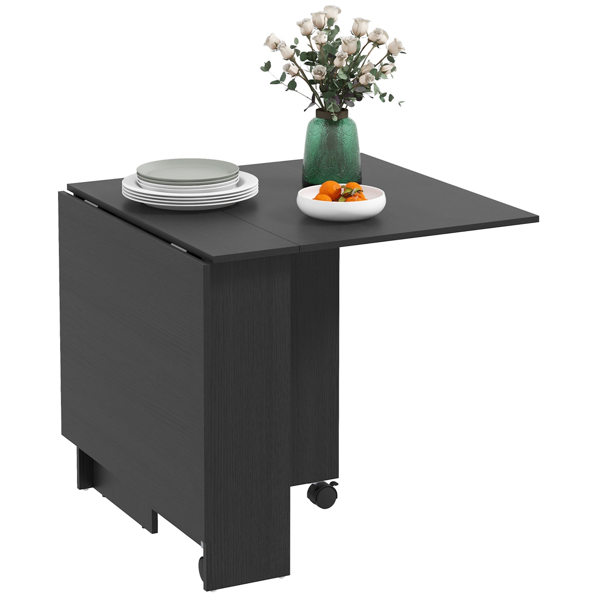 55" Folding Drop Leaf Table with Storage Shelves Space Saving Design, Black