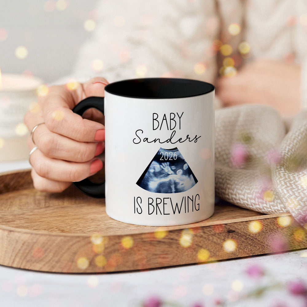 Taza de cerámica personalizada con foto de la ecografía del bebé que está naciendo y nombre Anuncio de embarazo Regalo de fiesta de revelación de sexo para futuros padres