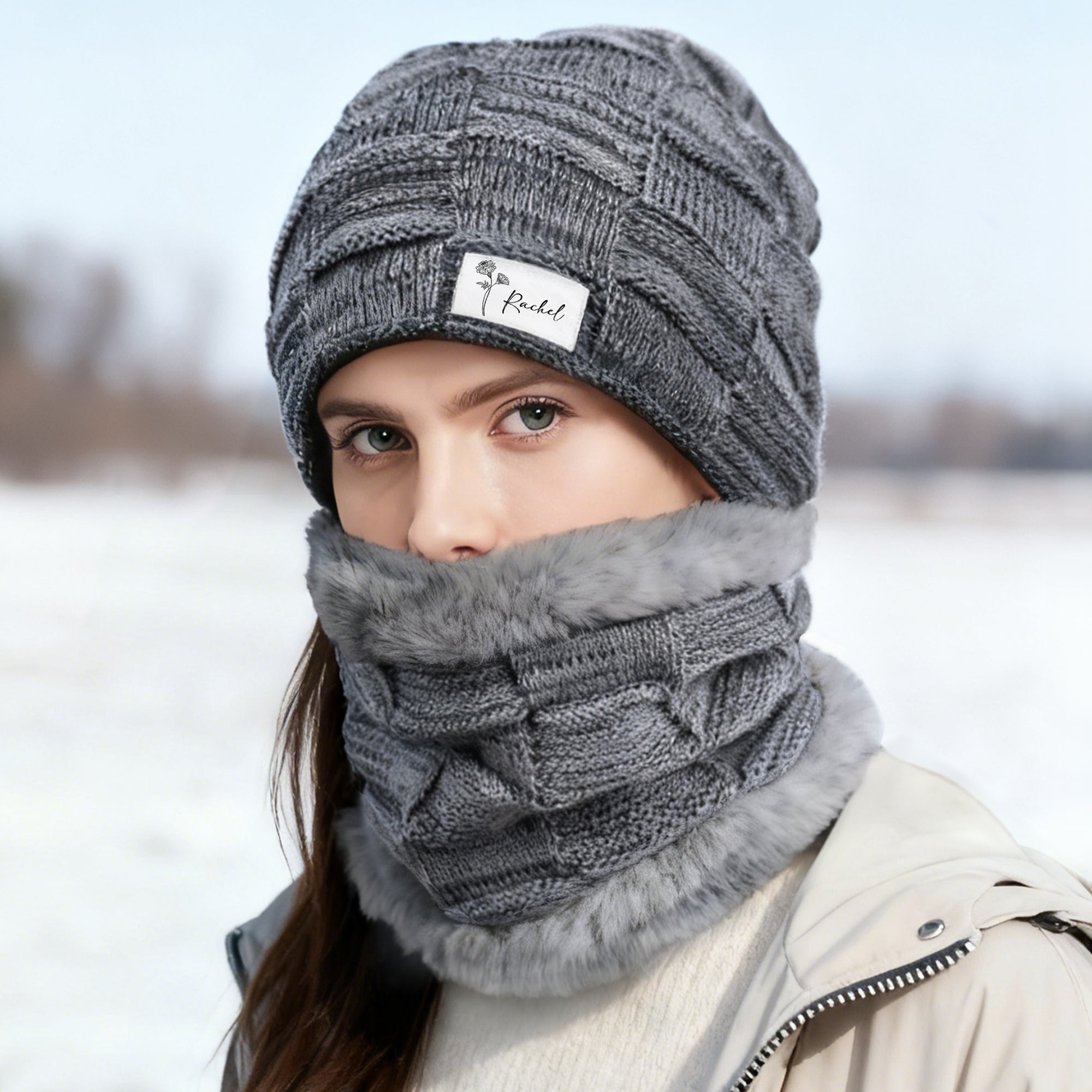 Nacimiento personalizado de flores de punto Slouchy Beanie sombrero y cuello Calentador Set con nombre Grueso Actividad al aire libre Accesorio Regalo de cumpleaños para hombres Mujeres