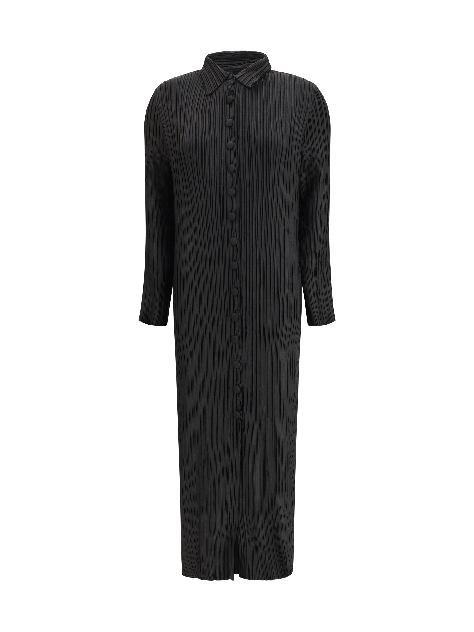 Gongdid Design Pleated Shirt-Collar Dress — Black
