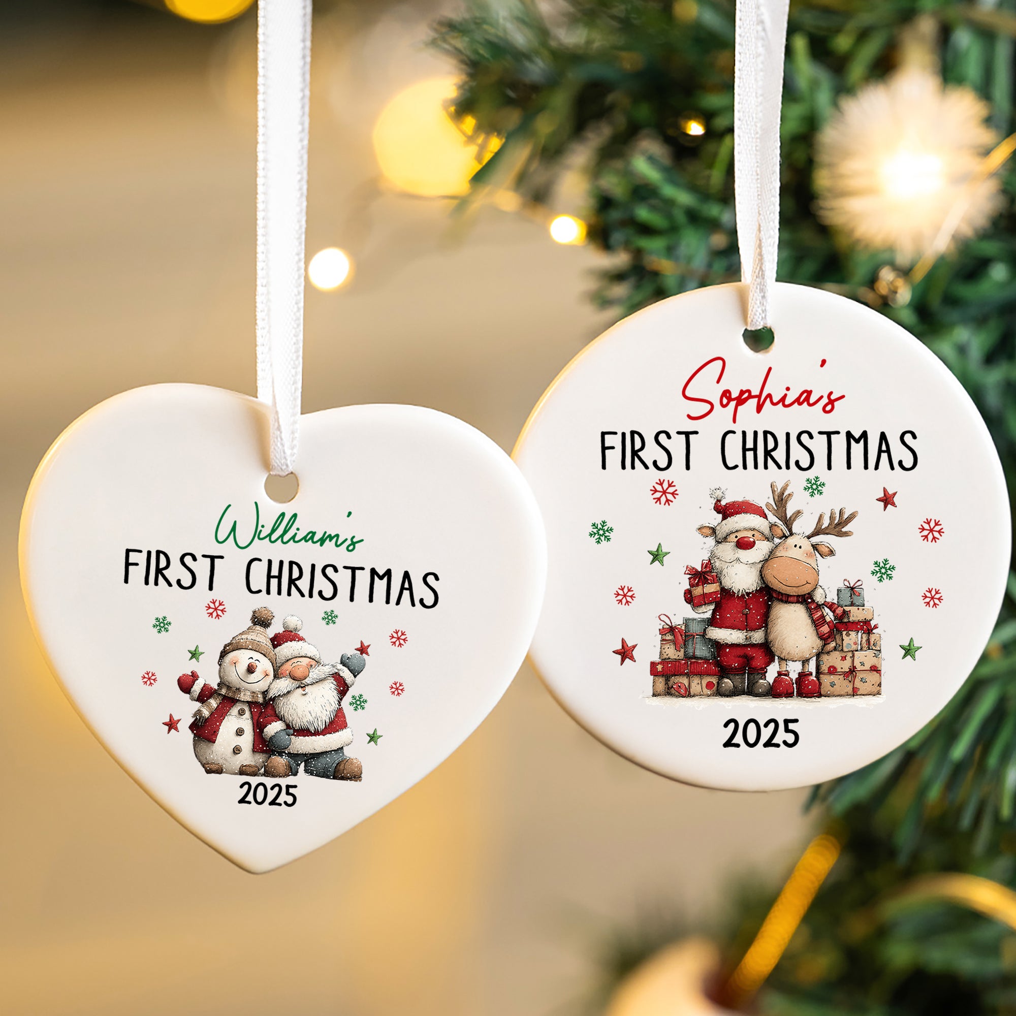 Personalizado Primera Navidad Santa Claus Muñeco de nieve Corazón Ornamento redondo de cerámica con el nombre y el año Árbol Decoración Regalo de Navidad para Amigos de la Familia