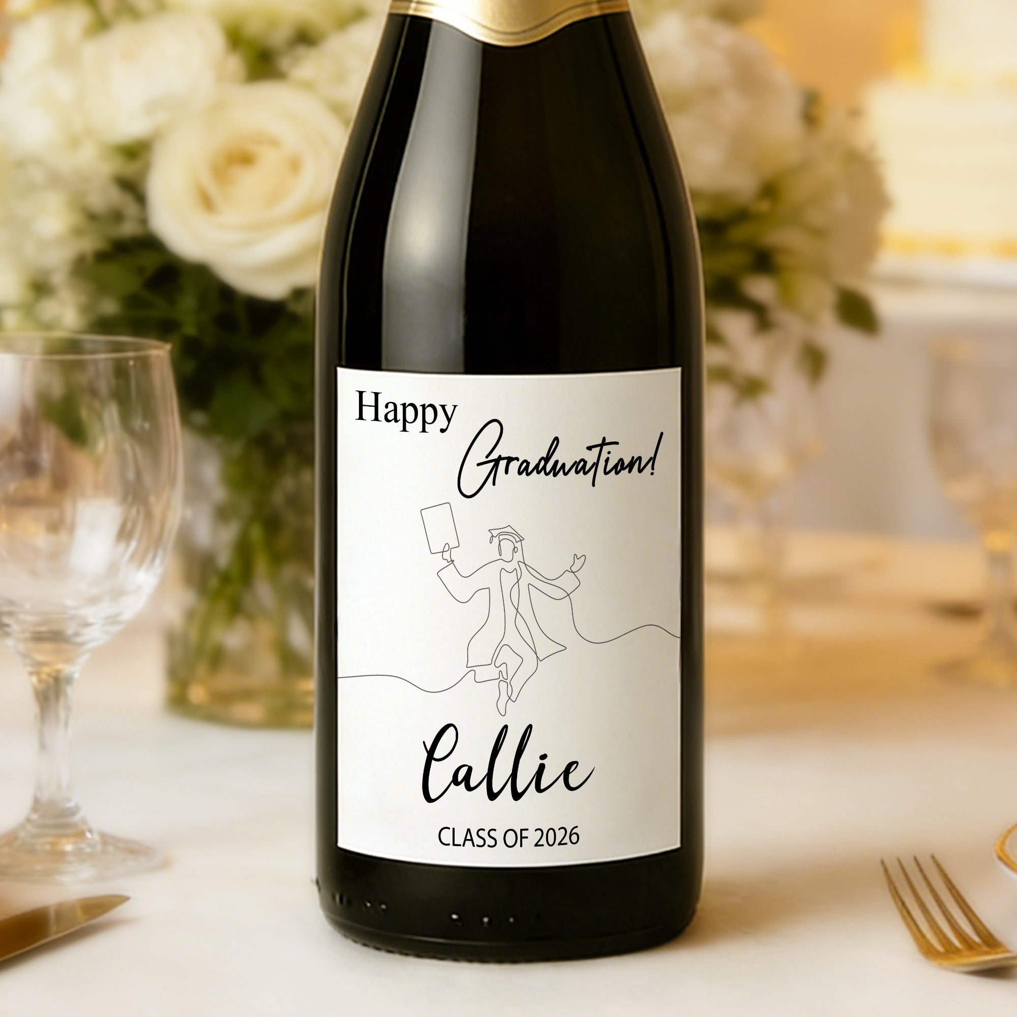 Personalizada Línea Simple Graduación Cap Impermeable Vino Etiquetas Adhesivas con Nombre y Año Fiesta de Graduación Regalo para Master PhD Graduados