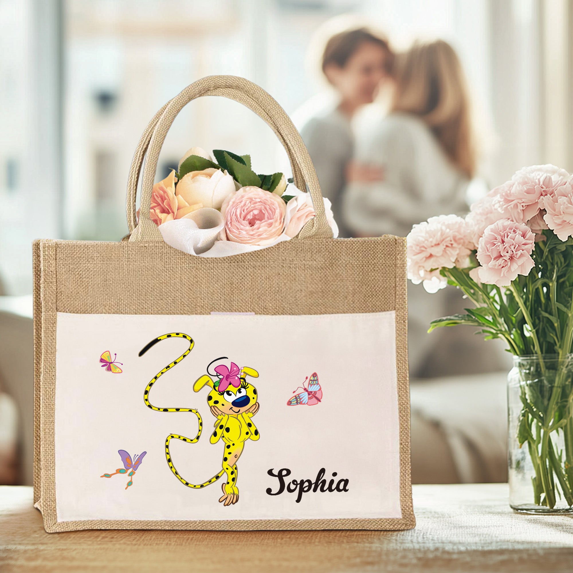 Bolsa de yute personalizada con nombre Marsupilami que salta con la cola Cumpleaños Regalo de Navidad para amigos | Callie × Marsupilami