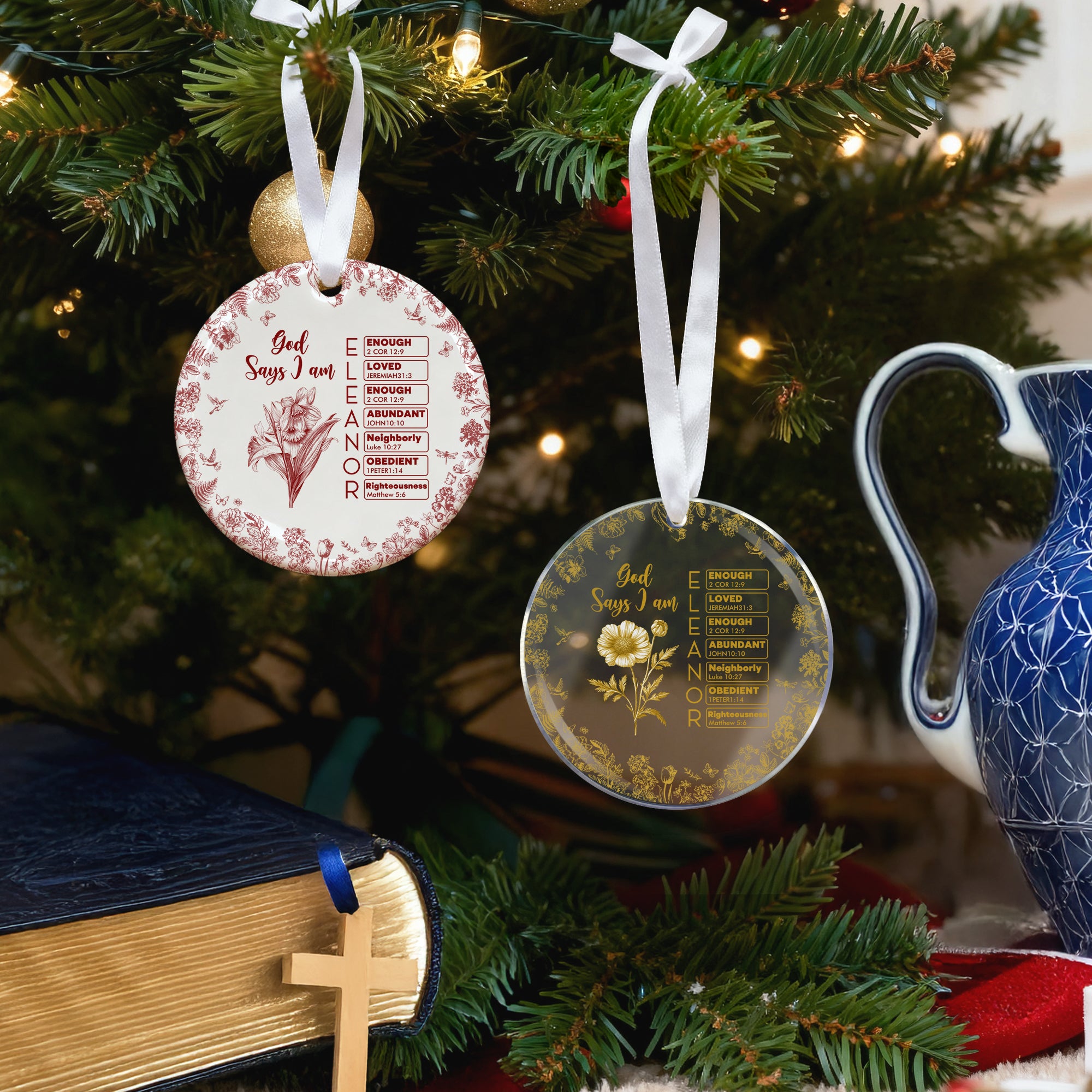 Personalizada Toile De Jouy Nacimiento Flor Biblia Capítulo Ornamento con Nombre Árbol Decoración Bautizo Cumpleaños Navidad Regalo para los cristianos