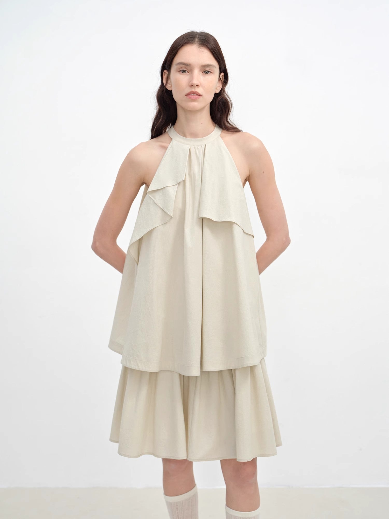 Floating Island Manor small stand-up collar design asymmetrical halter dress