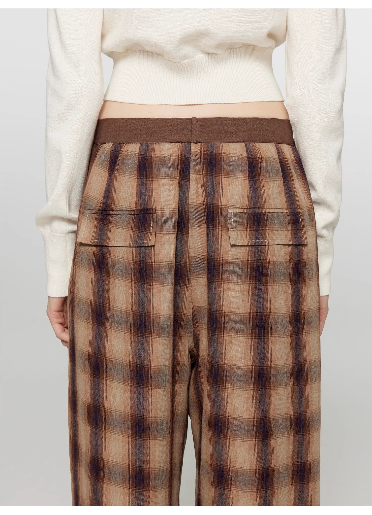 Patchwork Street Corner Dyed Retro Plaid Casual Pants for Women, Elastic Waist, Straight-Leg, Wide-Leg Long Trousers