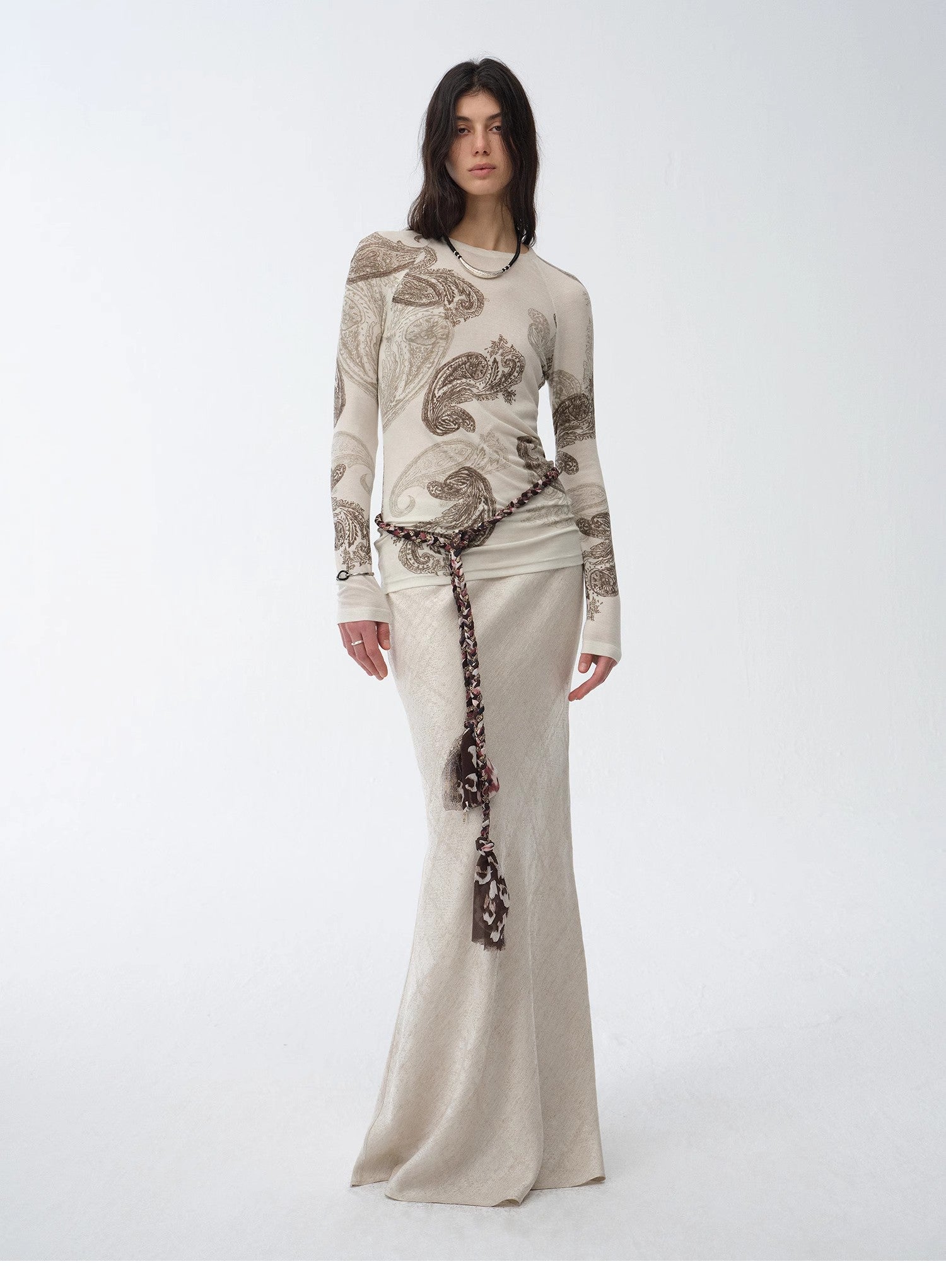 Vintage Gene Tencel wool original cashew print round neck slim long sleeve T-shirt top