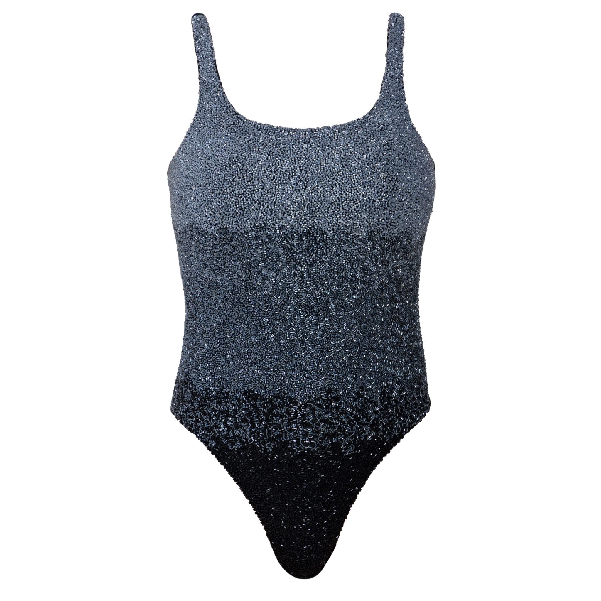 Ombre Hand-Beaded Embellished One-Piece Swimsuit | Black