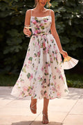 Adjustable Strap Waisted Floral Swing Midi Holiday Dress