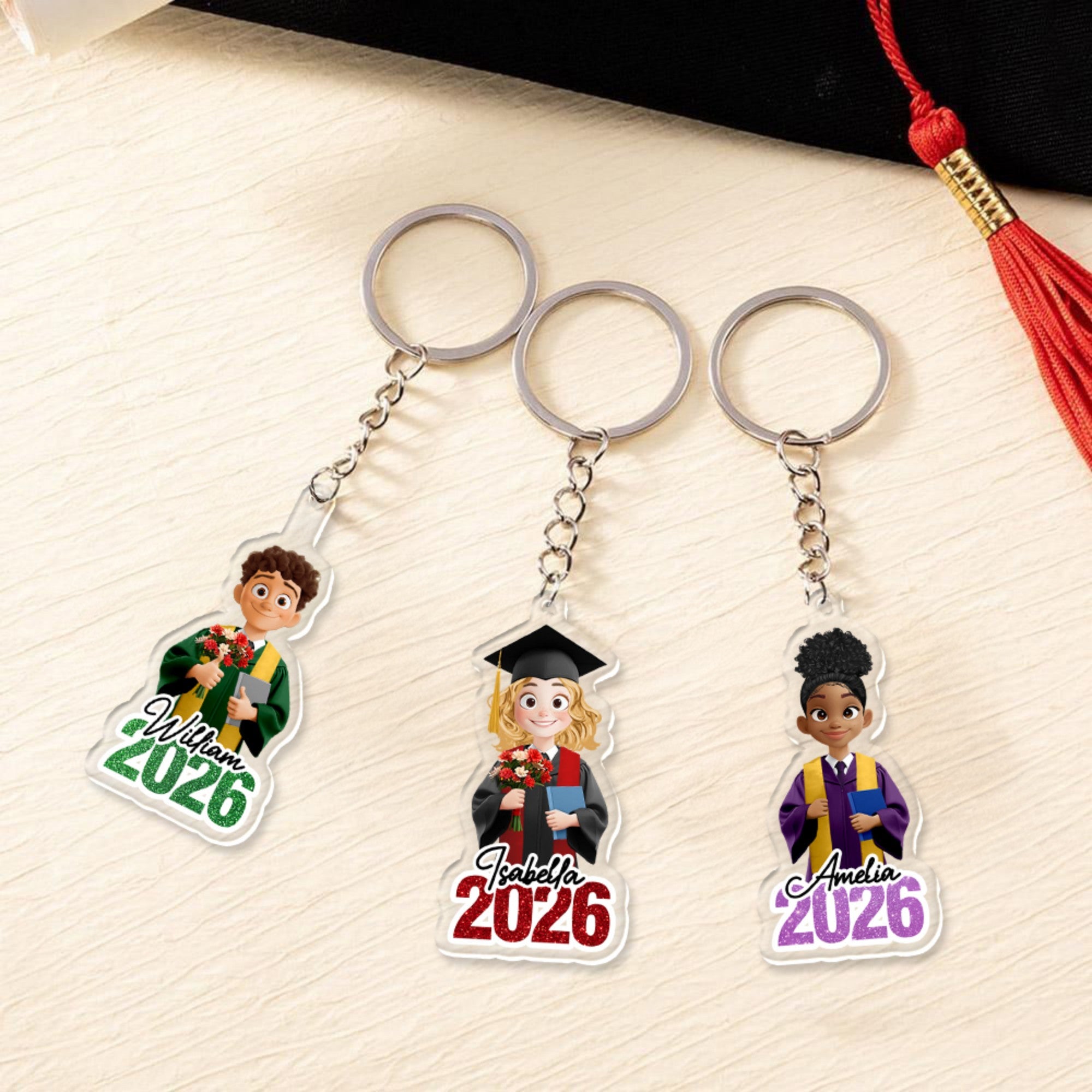 Llavero acrílico personalizado de un simpático personaje de dibujos animados con el nombre y el año Regalo de graduación para los amigos de los graduados