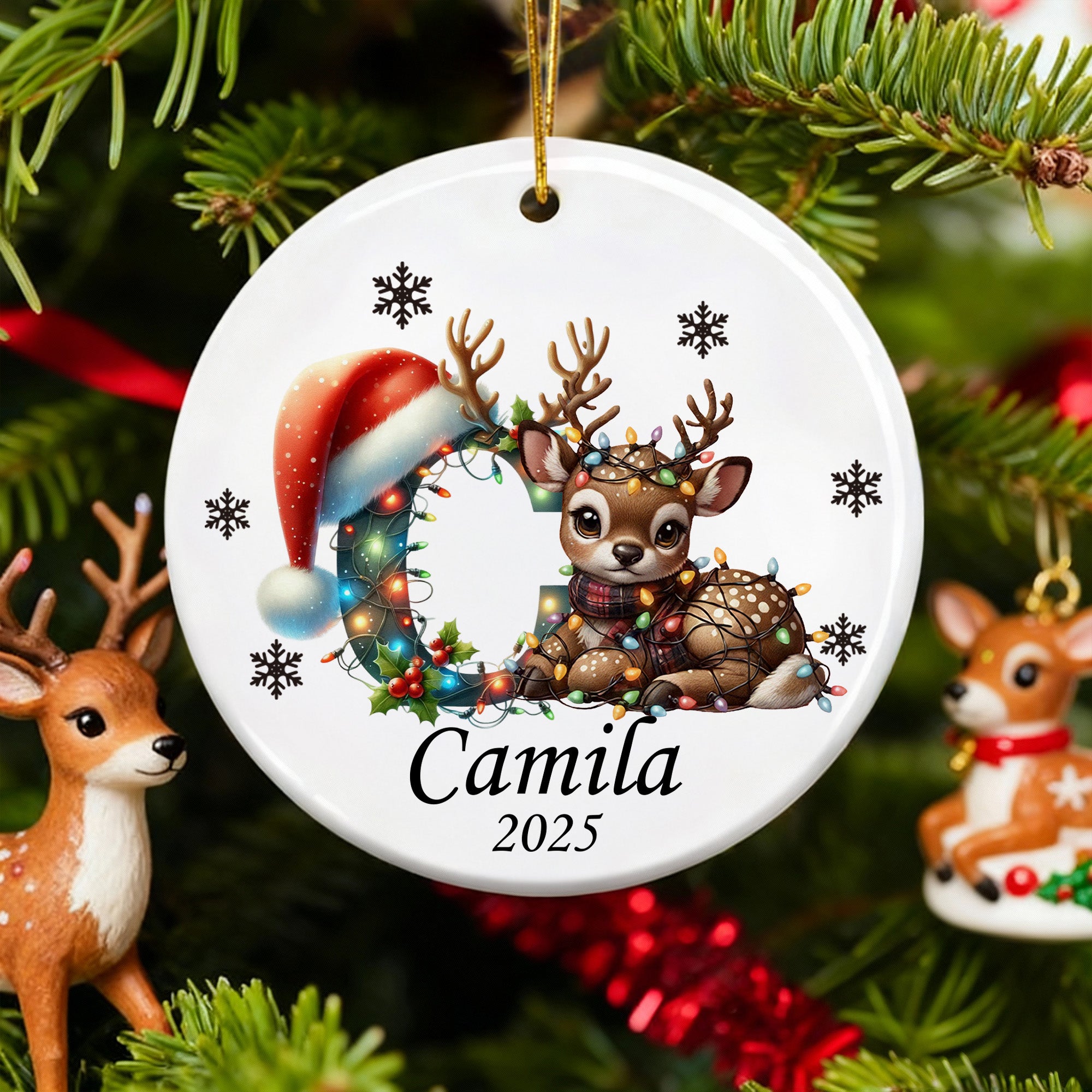Adorno de cerámica personalizado con el nombre y el año del reno de Navidad Decoración del árbol de casa Regalo de Navidad para niños
