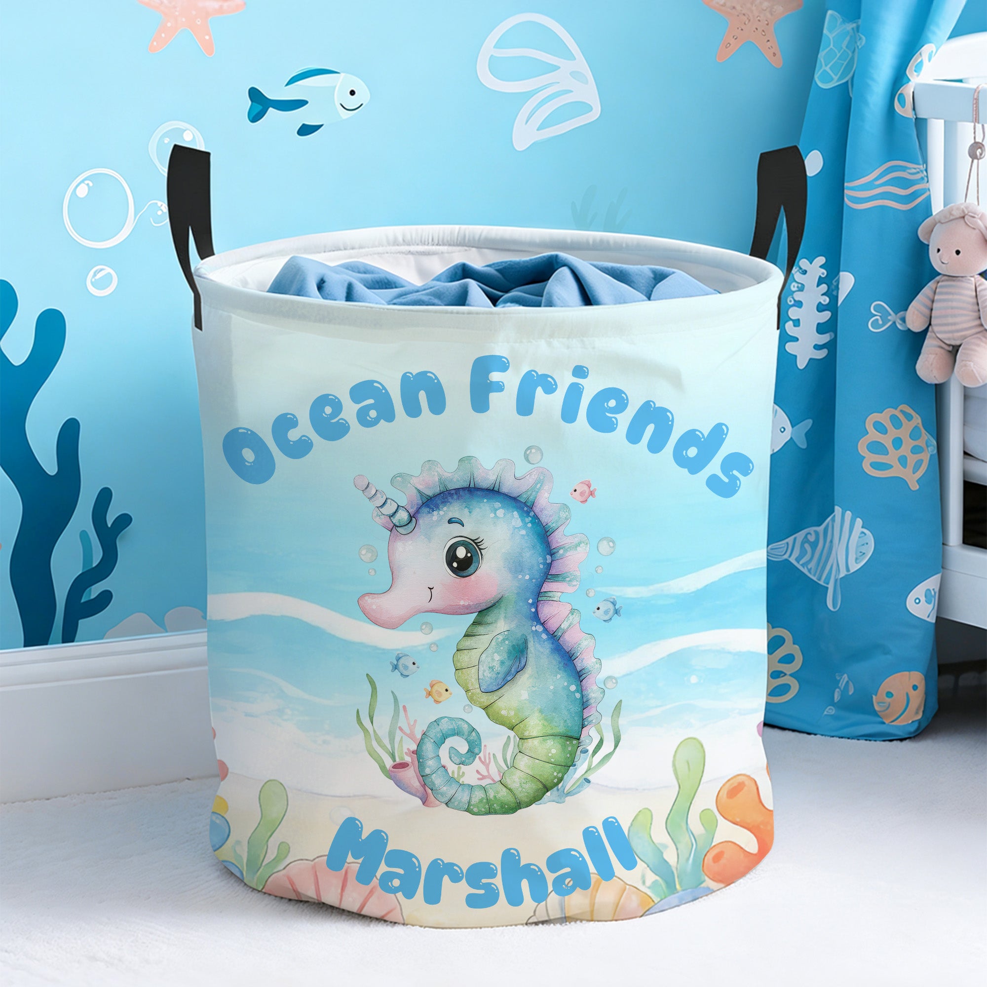 Cesta personalizada de animales marinos de dibujos animados con nombre Organizador de juguetes Regalo de cumpleaños para niños Padres