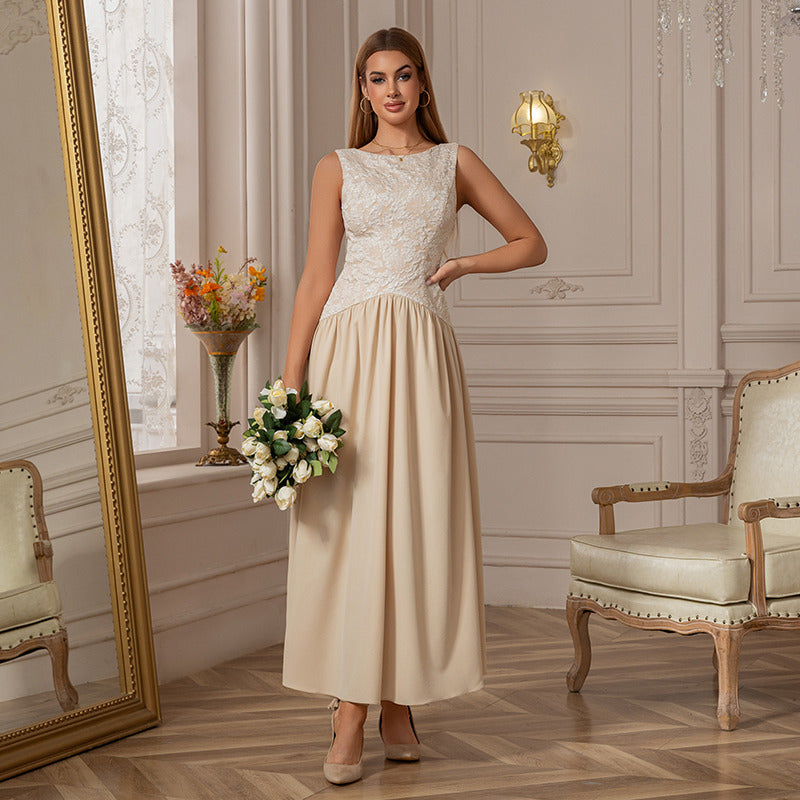 Bridal Wedding Dress Champagne Sleeveless Short Boat Neck A-line Jacquard