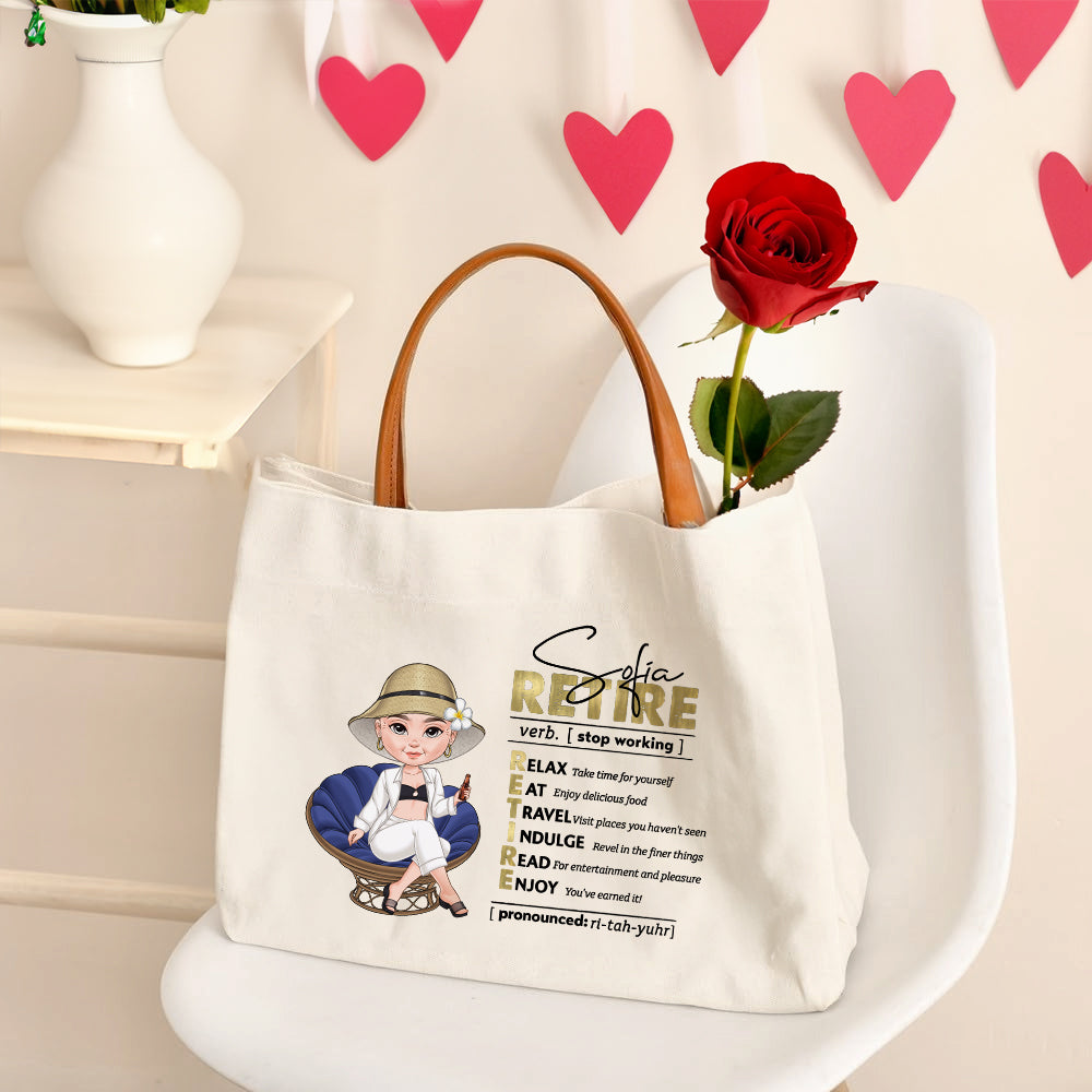 Personalizado Cartoon Personaje Jubilarse Definición Citas Bolsa de lona grande con asa de cuero Cumpleaños Jubilación Regalo para Mujeres Colegas