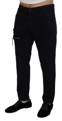 Men's Black Loose Regular Torn Cotton Jeans Clothing