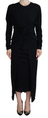 Women's Black Sheath Midi Gown Wool Wrap Dress