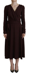 Women's Brown Wrap Long Sleeve Midi Stretch Dress Viscose