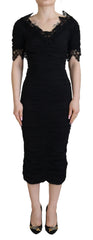Women's Black Sheath Midi Bodycon Lace Silk Dress