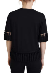 Women's Black T-Shirt Blouse Tassle Cotton