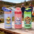 Botella de agua personalizada con nombre y pajita para niños con aislamiento de 12 oz de simpáticos animales Regalo de cumpleaños de vuelta al cole para niños y niñas