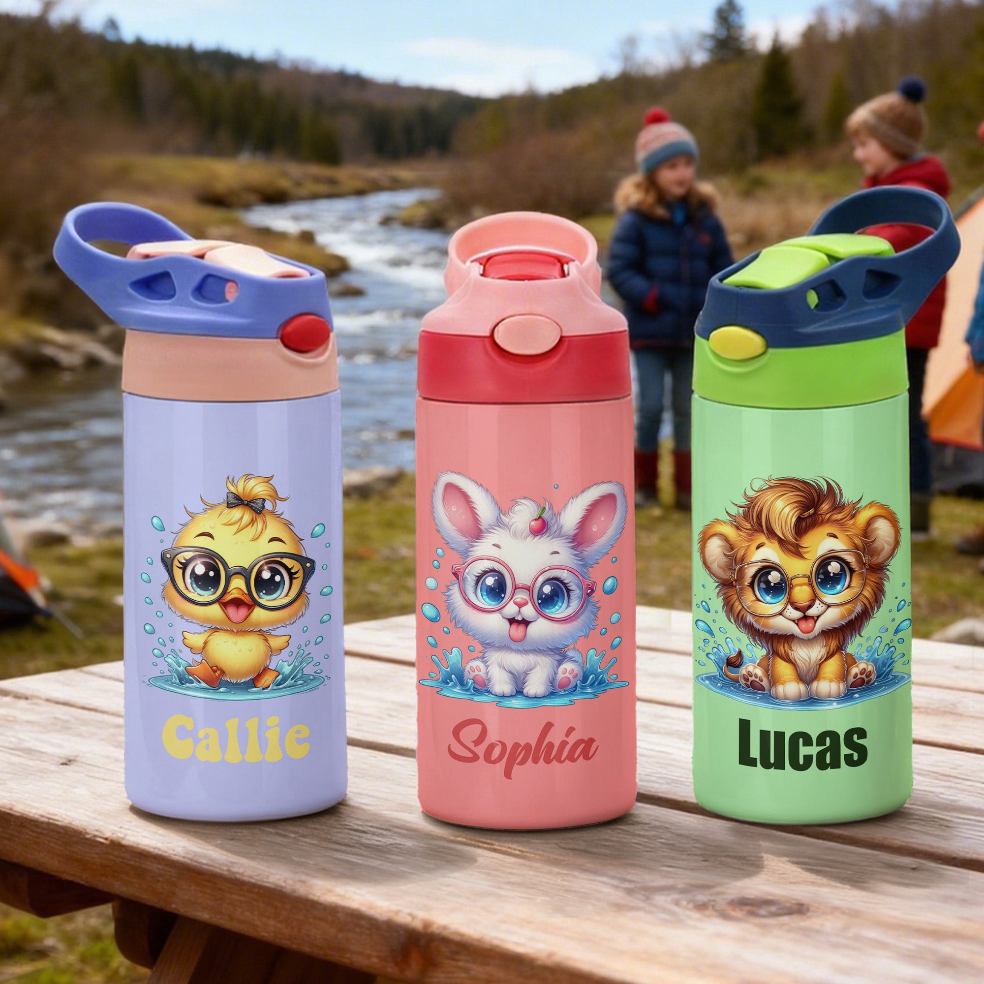 Botella de agua personalizada con nombre y pajita para niños con aislamiento de 12 oz de simpáticos animales Regalo de cumpleaños de vuelta al cole para niños y niñas