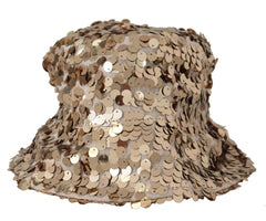 Women's Gold Silk Sequin Embellished Designer Brim Bucket Hat Polyester
