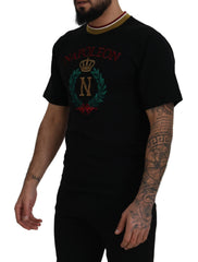 Men's Black Cotton Embroidered Crewneck T-Shirt