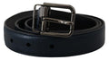 Men's Blue Leather Silver Metal Buckle Vintage Belt