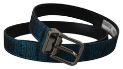 Blue Jacquard Moire Silver Metal Belt Men Leather