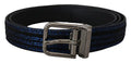 Men's Blue Jacquard Stripe Silver Buckle Belt Leather