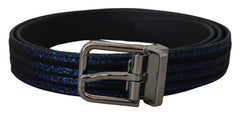 Men's Blue Jacquard Stripe Silver Buckle Belt Leather