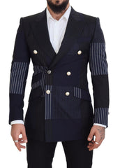 Men's Blue Wool Patchwork Double Breasted Blazer Navy Virgin Clothing