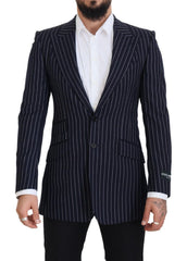 Men's Dark Blue Stripe Wool Single Breasted Blazer Navy Virgin Polyester Clothing