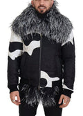 Men's Black White Fur Shearling Full Zip Jacket And Silk Clothing