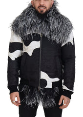 Men's Black White Fur Shearling Full Zip Jacket And Silk Clothing
