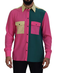 Men's Multicolor Patchwork Silk Button Down Shirt