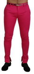 Men's Zipper Buckle Waist Trousers Pink Cotton Elastane
