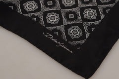 Men's Black Geometric Patterned Square Handkerchief Scarf Silk
