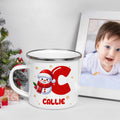 Personalizado lindo muñeco de nieve de dibujos animados inicial 12 oz taza de esmalte con el nombre de regalo de Navidad para Niños Niñas