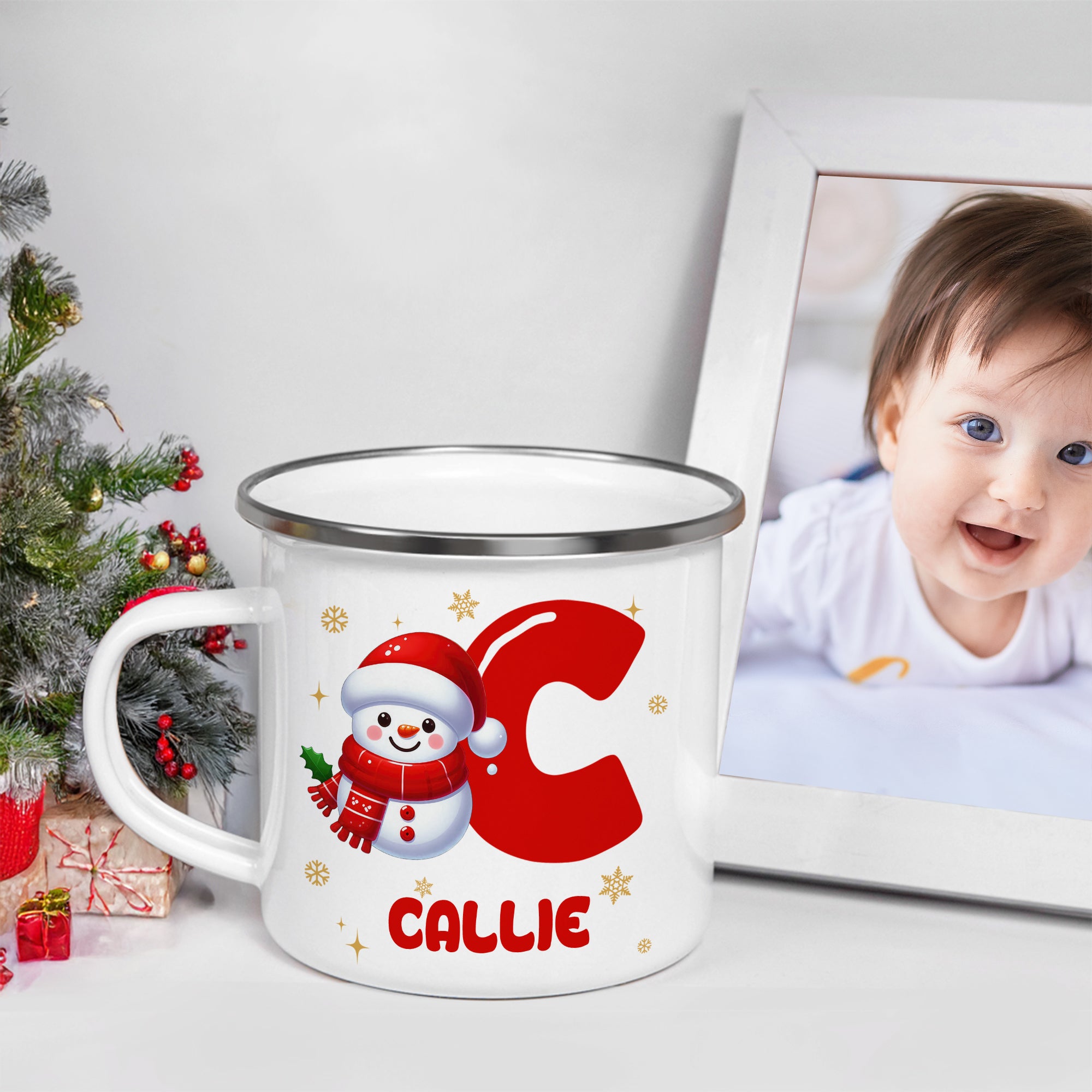 Personalizado lindo muñeco de nieve de dibujos animados inicial 12 oz taza de esmalte con el nombre de regalo de Navidad para Niños Niñas