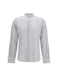 Brooksfield Striped Cotton-Linen Spread Collar Shirt — Blue