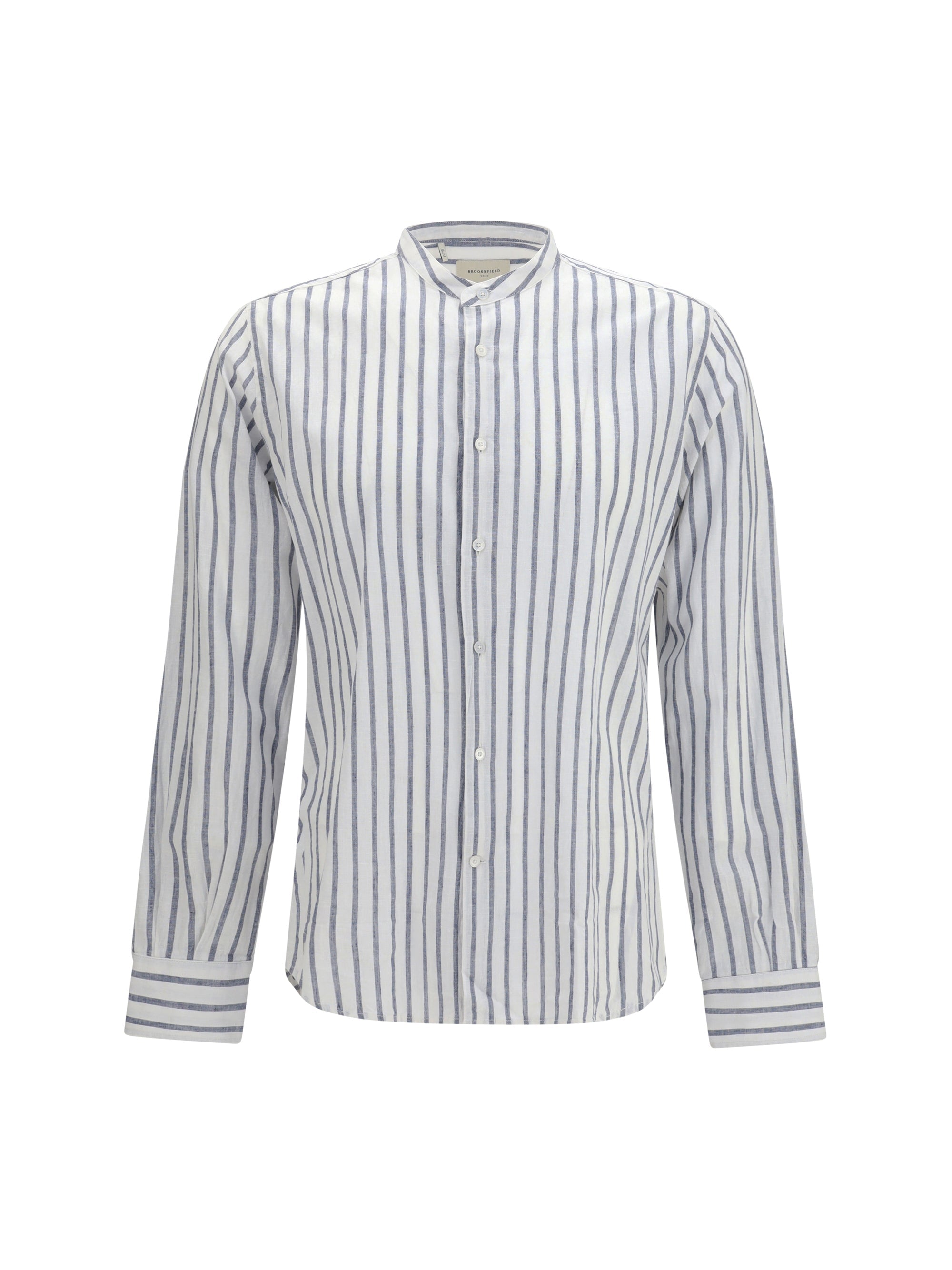 Brooksfield Striped Cotton-Linen Spread Collar Shirt — Blue